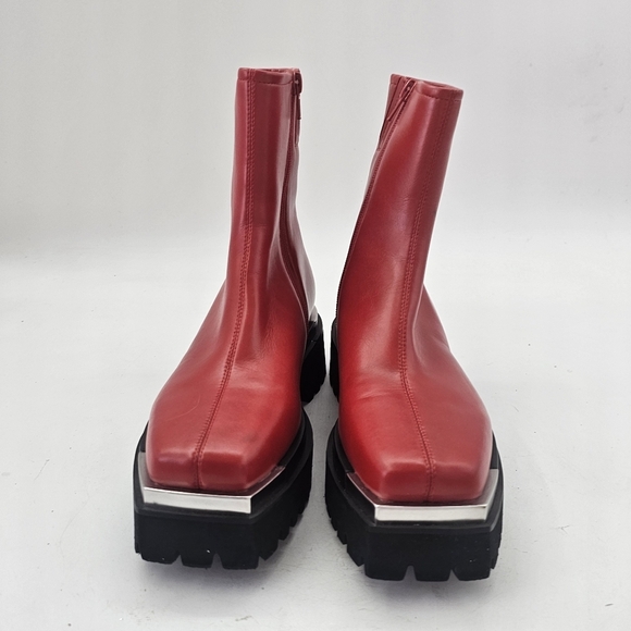 Jeffrey Campbell Devout Red Leather Chunky Lug Sole Platform Ankle Boots SIZE 6 - Picture 5 of 11